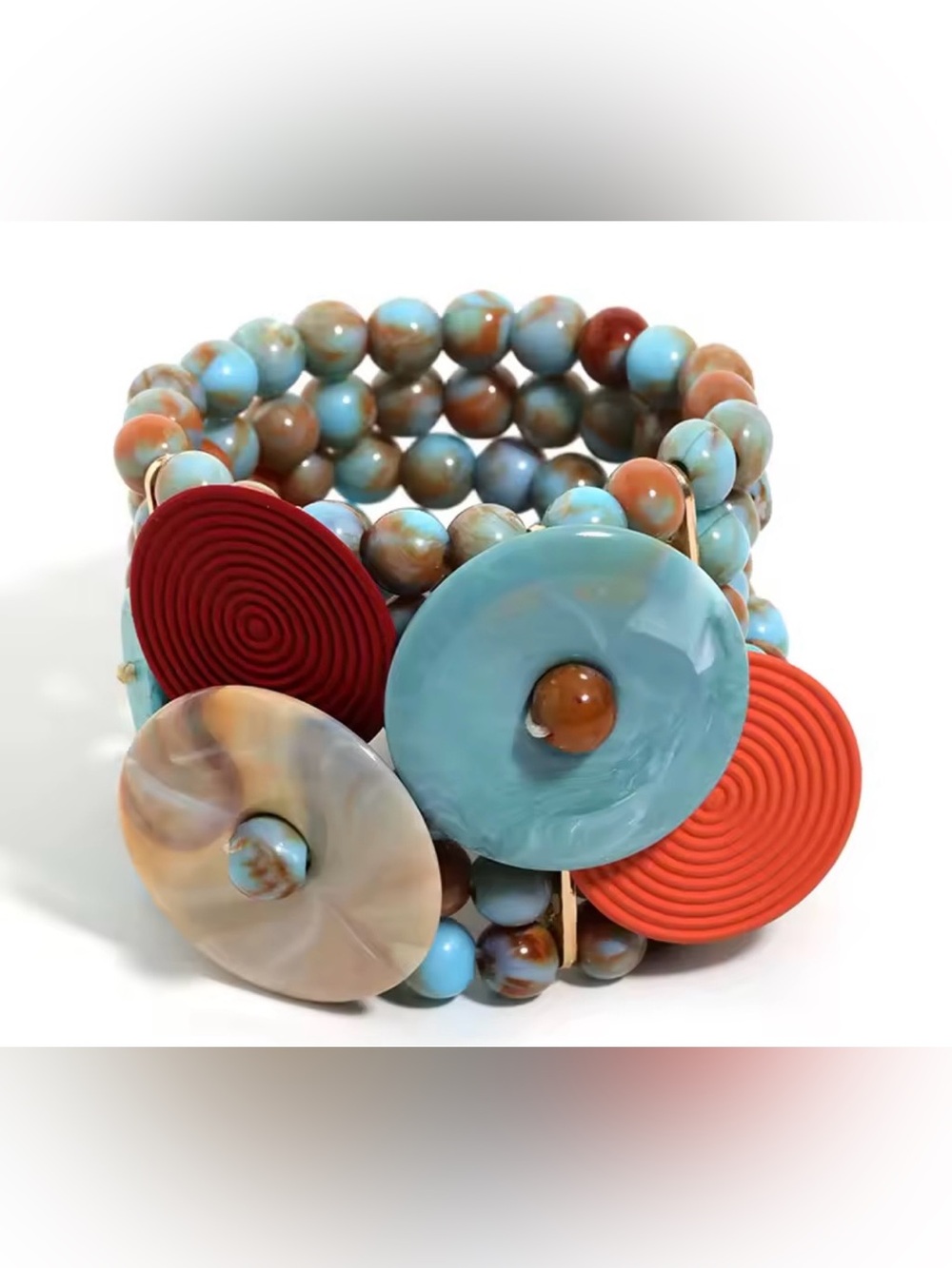 Turquoise & Coral Multi-Bead Women’s Statement Bracelet -